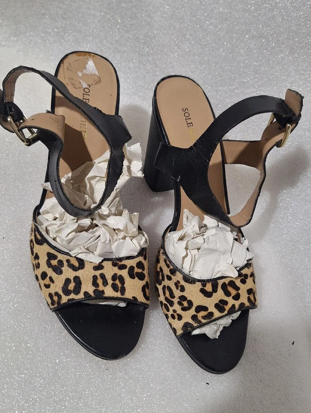 Leopard Print and Black Block Heel Sandals - Women